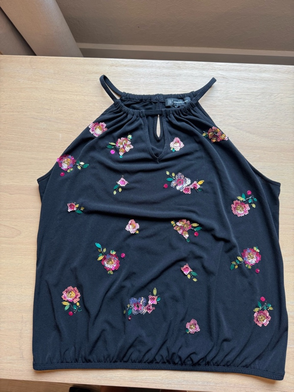 INC International Concepts Women's Embellished Bubble Hem Halter Top Black L‎